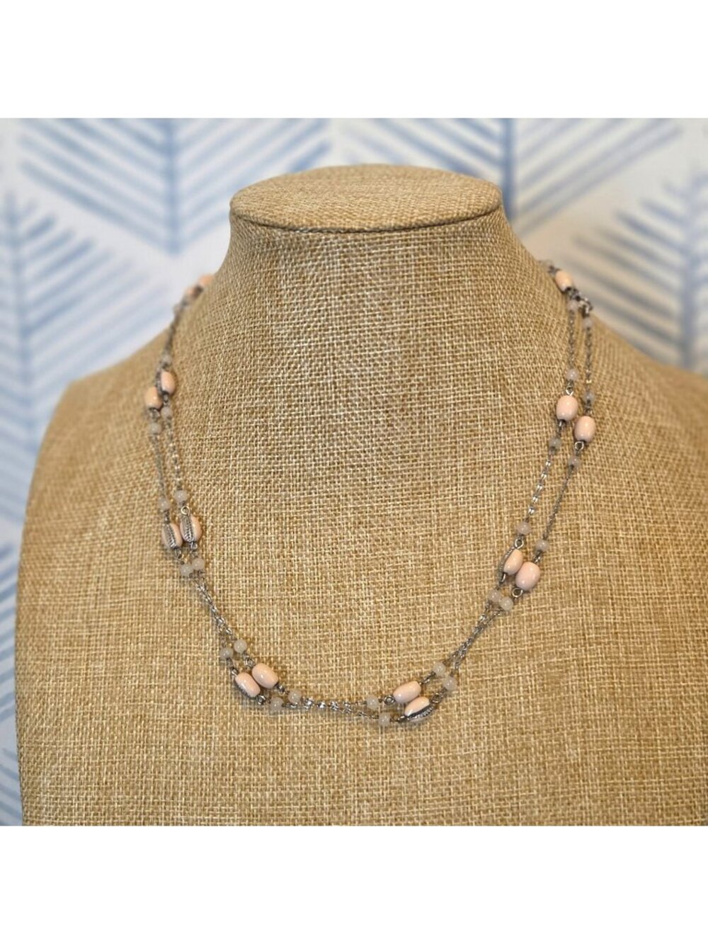 CAbi Palm Beach Pink Enamel Rose Quartz Beaded Silver Tone 36" Necklace